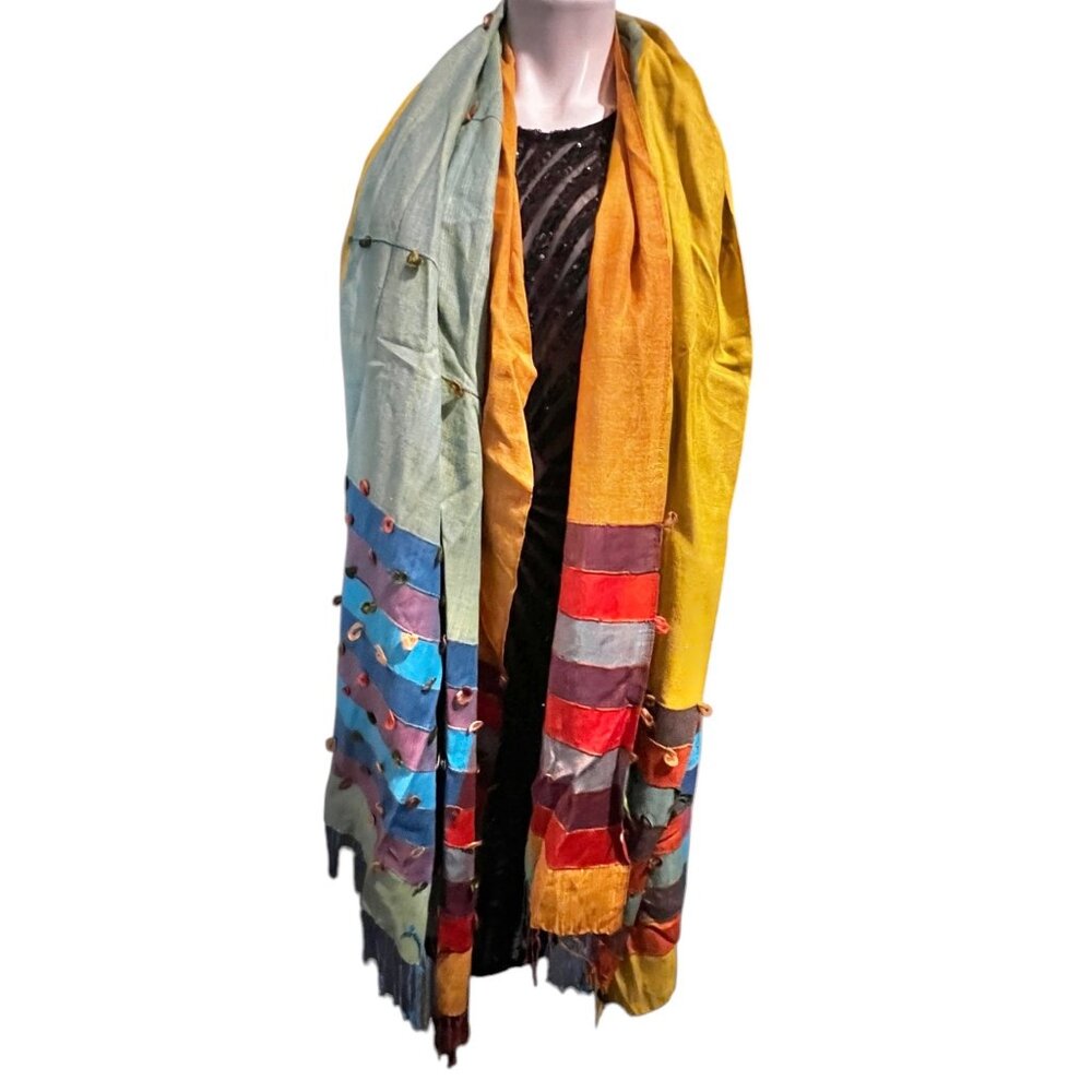 Multicolor Handwoven Cotton Scarf With Embellished Loops & Tassels - Picture 5 of 10